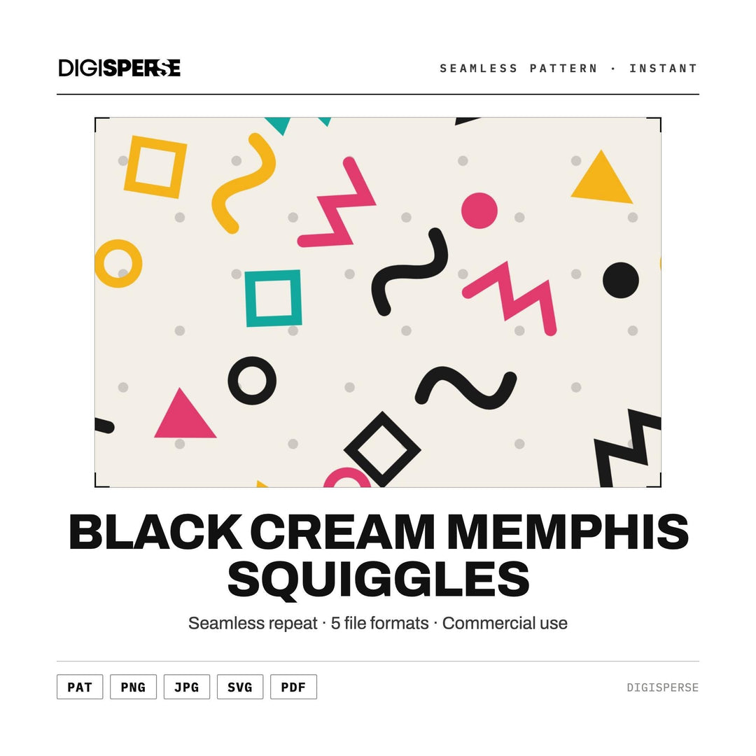 Digital Scrapbook Paper | Black Cream Memphis Squiggles | Fabric Wallpaper | PNG SVG PDF