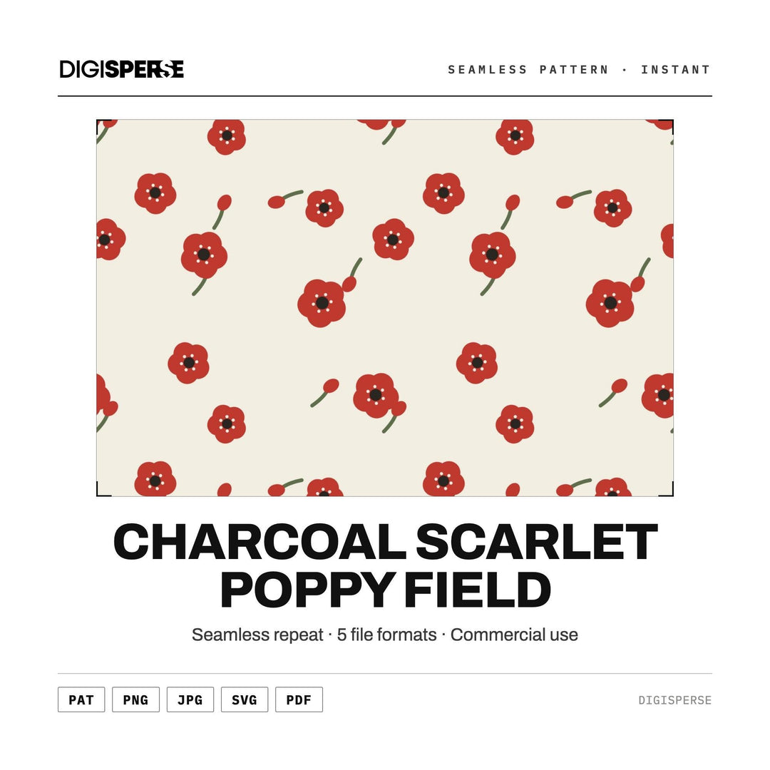 Seamless Digital Paper | Charcoal Scarlet Poppy Field | Fabric Wallpaper | PNG SVG PDF