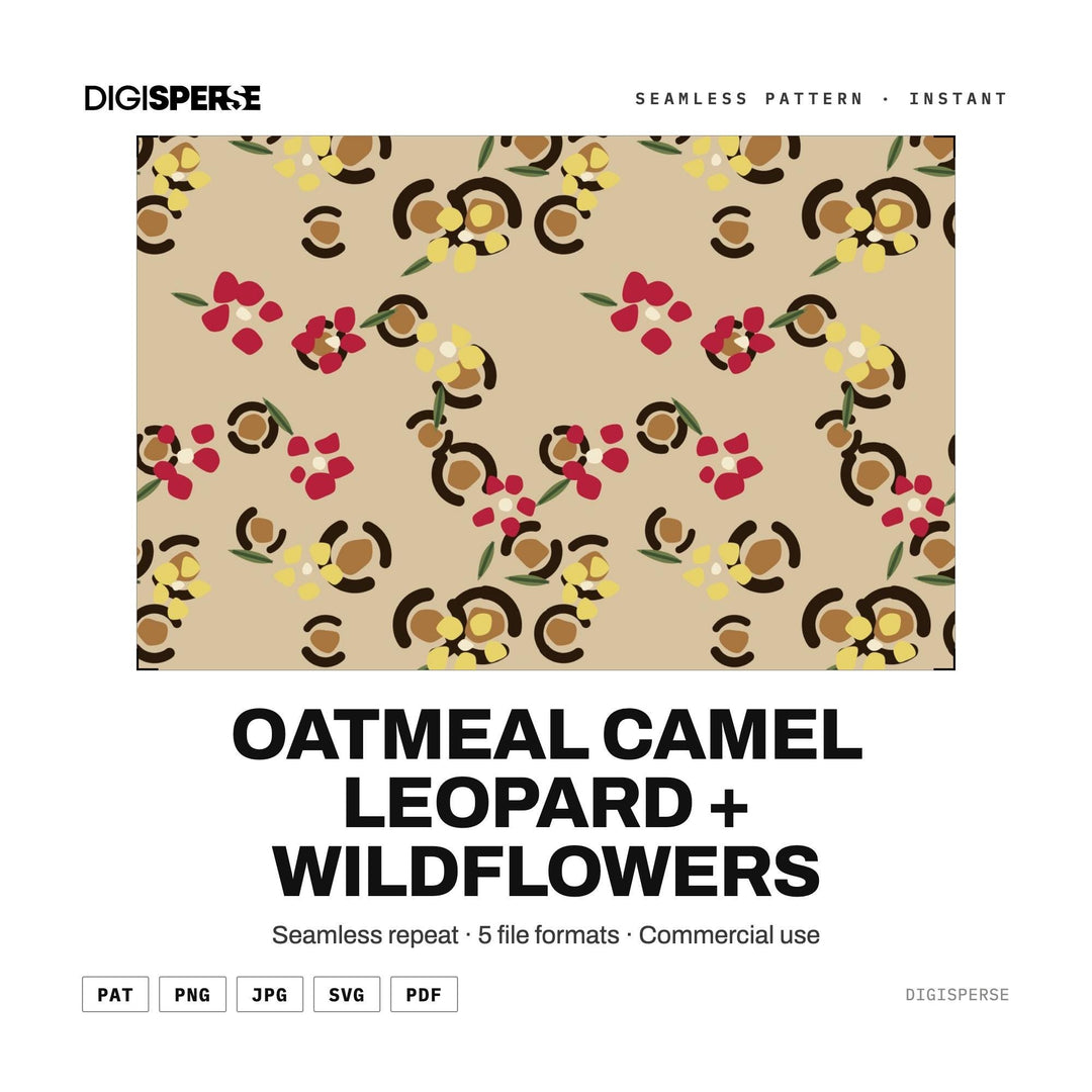 Seamless Pattern | Oatmeal Camel Leopard + Wildflowers | Digital Paper Fabric Wallpaper