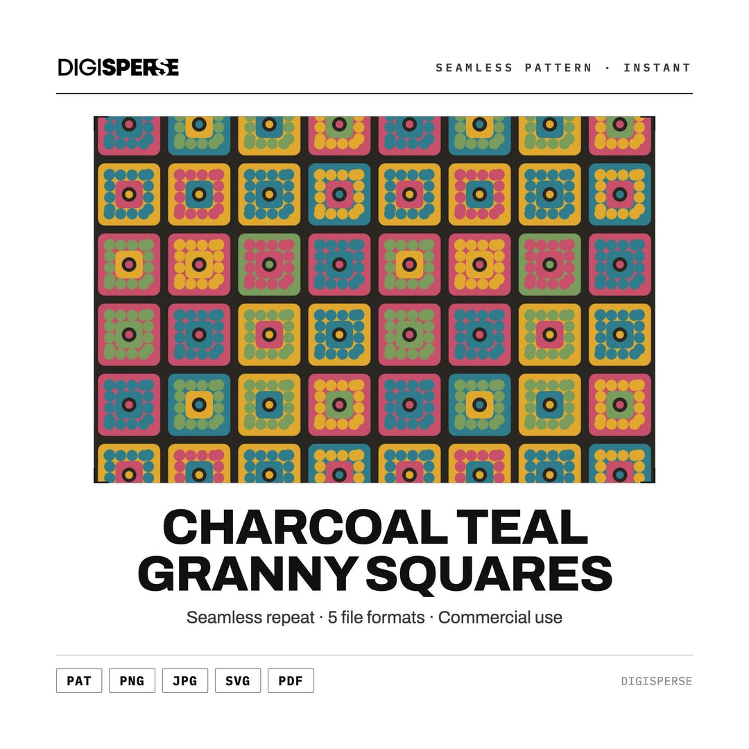 Surface Pattern Design | Charcoal Teal Granny Squares | Digital Paper Fabric Wallpaper