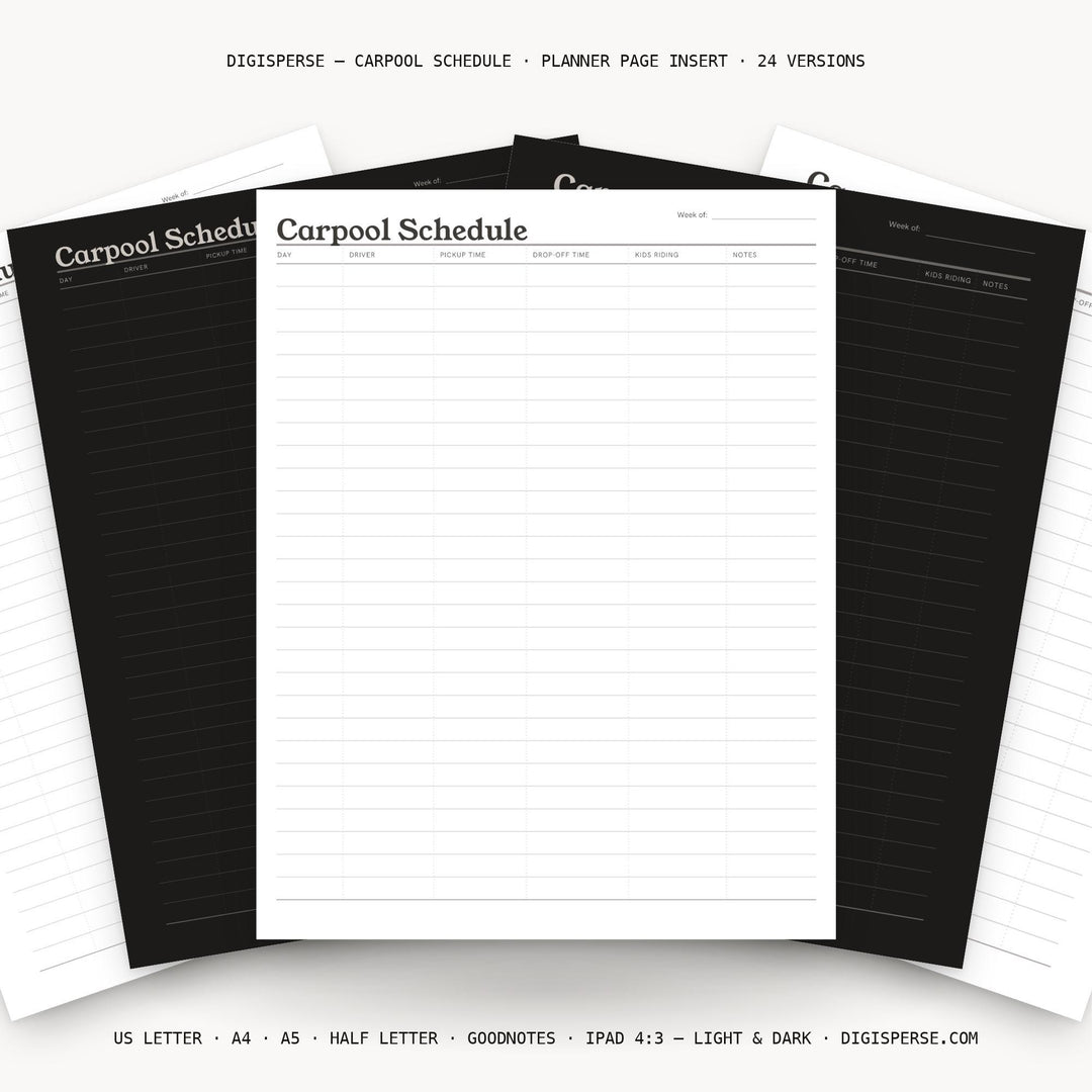 Carpool Schedule printable planner insert — main preview