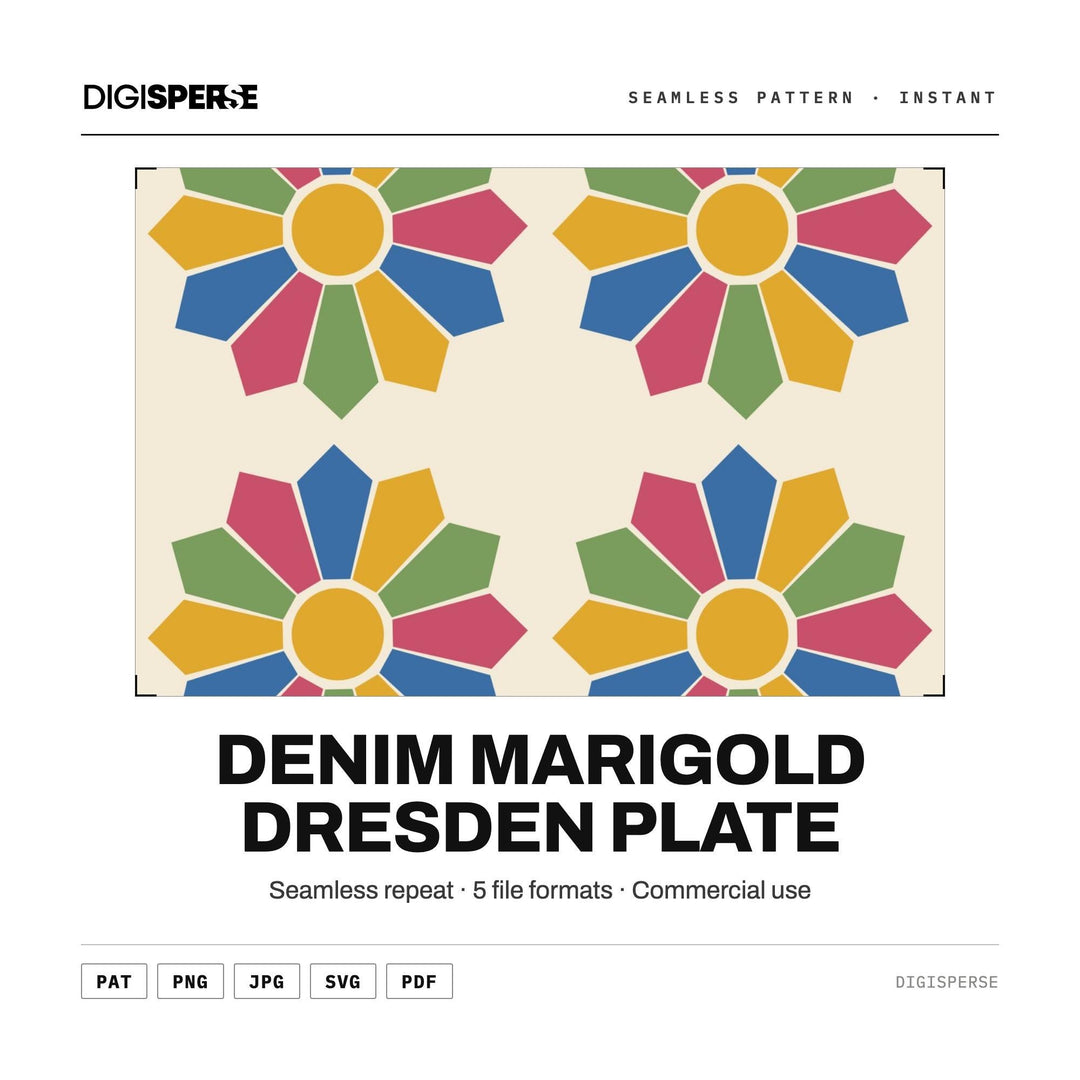 Digital Scrapbook Paper | Denim Marigold Dresden Plate | Fabric Wallpaper | PNG SVG PDF