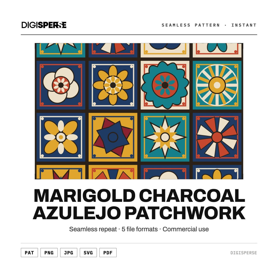 Surface Pattern Design | Marigold Charcoal Azulejo Patchwork | Digital Paper Fabric Wallpaper
