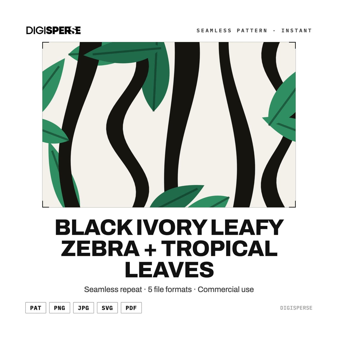 Seamless Pattern | Black Ivory Leafy Zebra + Tropical Leaves | Digital Paper Fabric Wallpaper