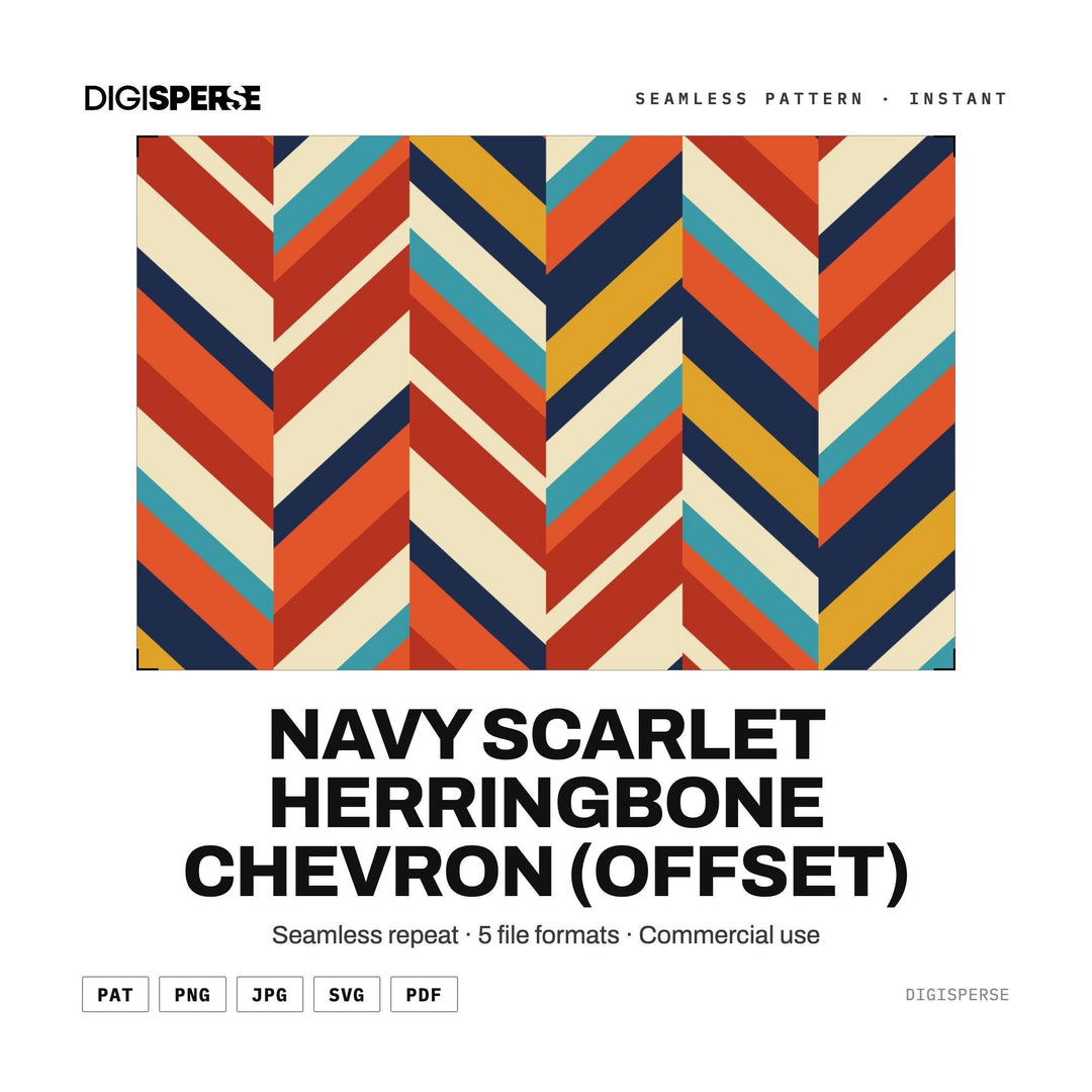 Surface Pattern Design | Navy Scarlet Herringbone Chevron (Offset) | Digital Paper Fabric Wallpaper