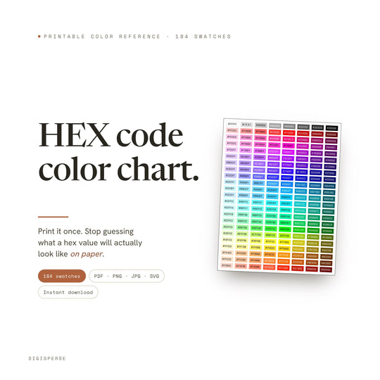 HEX code color chart printable with 184 labelled color swatches