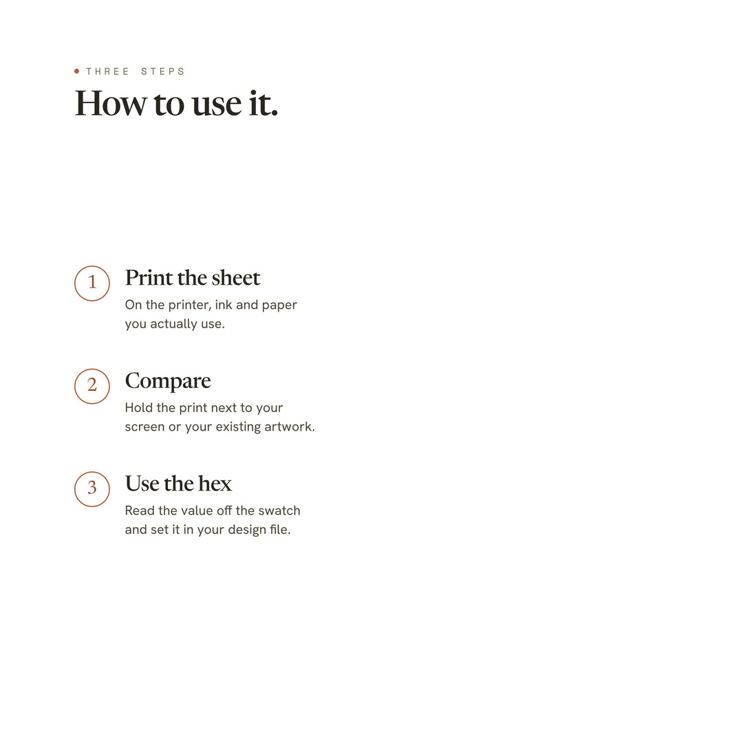How to use the chart in three steps: print, compare, use the hex