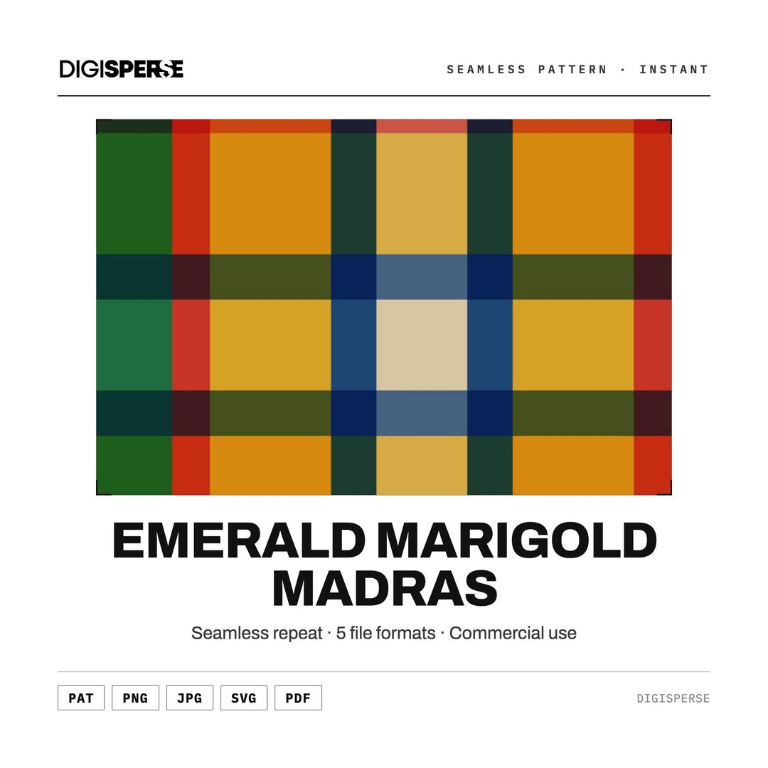 Seamless Pattern | Emerald Marigold Madras | Digital Paper Fabric Wallpaper | PNG SVG PDF