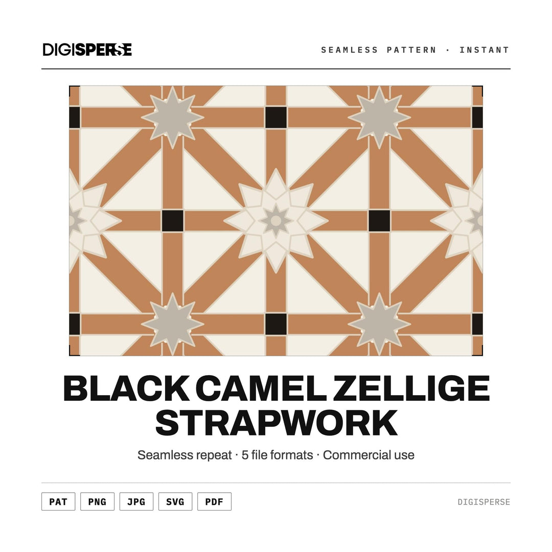 Surface Pattern Design | Black Camel Zellige Strapwork | Digital Paper Fabric Wallpaper