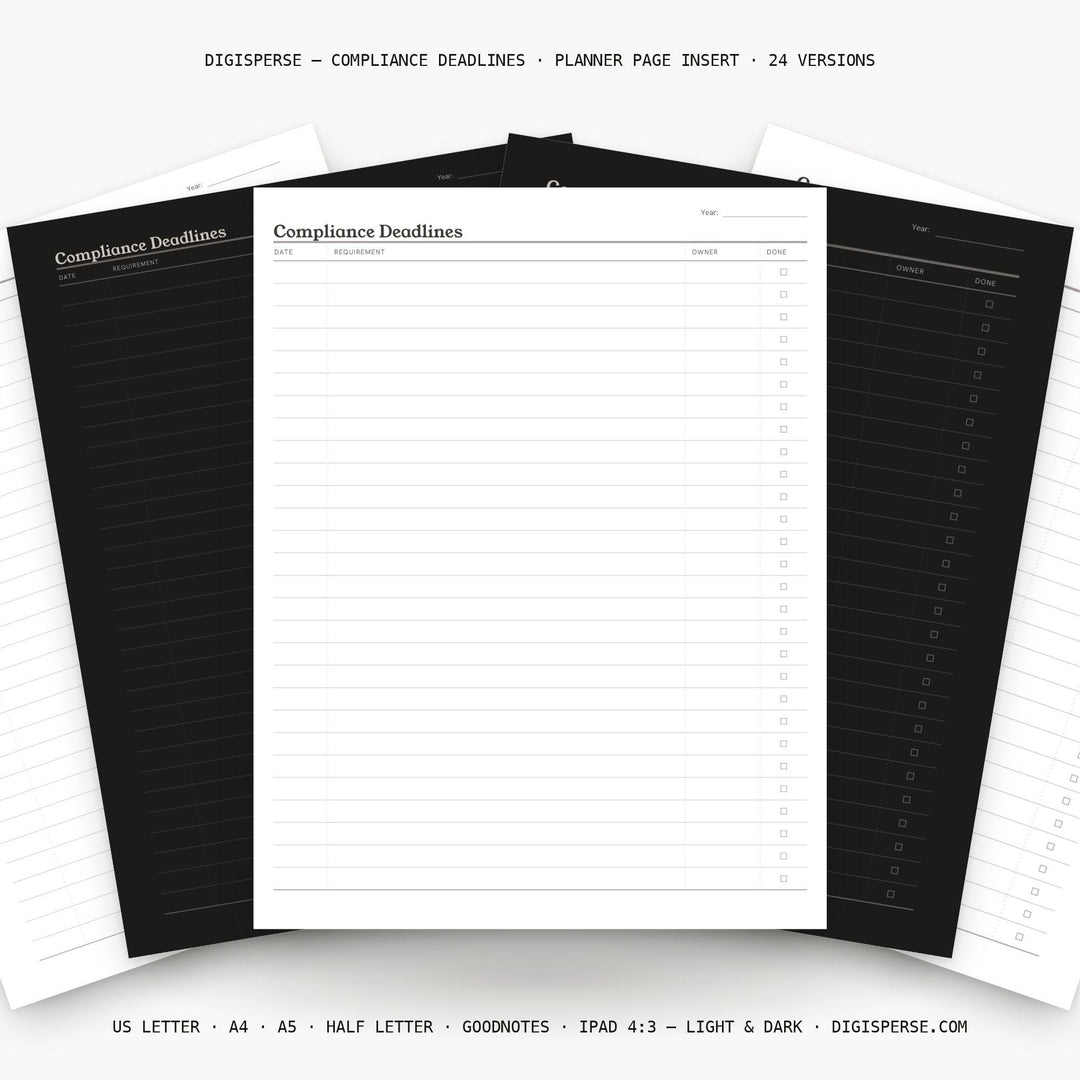 Compliance Deadlines printable planner insert — main preview