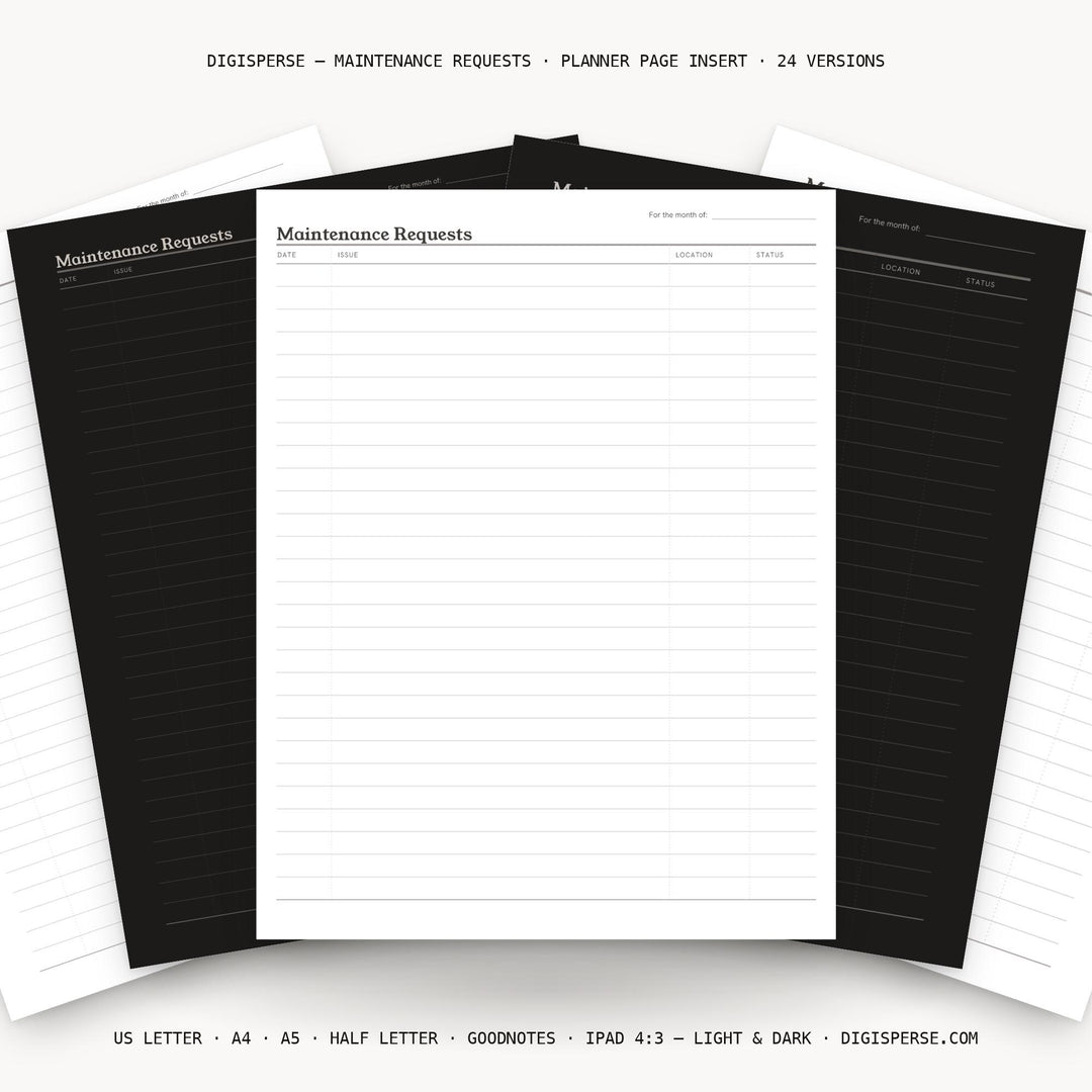Maintenance Requests printable planner insert — main preview