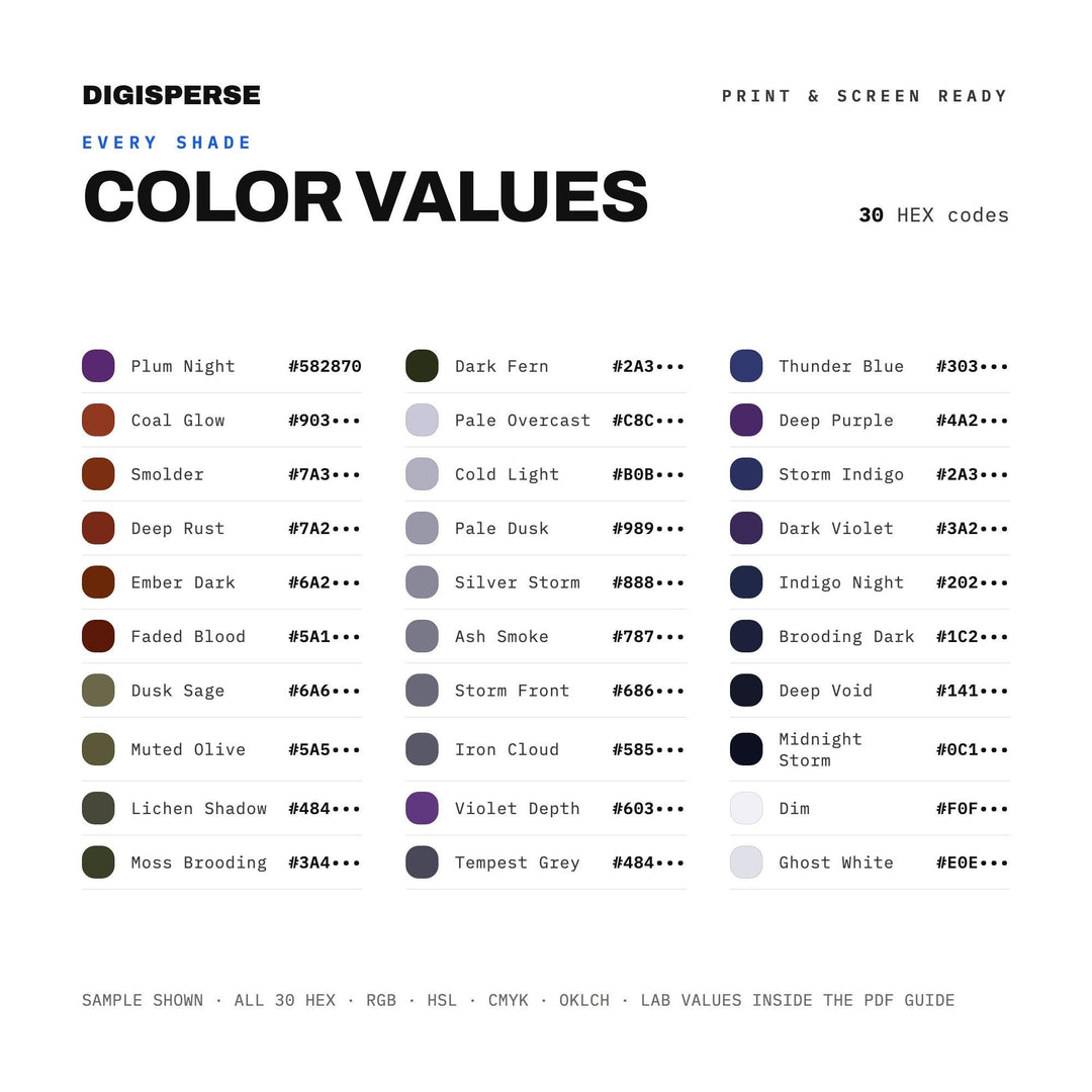 Dark Moody Color Palette for Atmospheric Portrait Art and Dramatic Branding, 30 Brooding Shadow Hues, Procreate Swatches