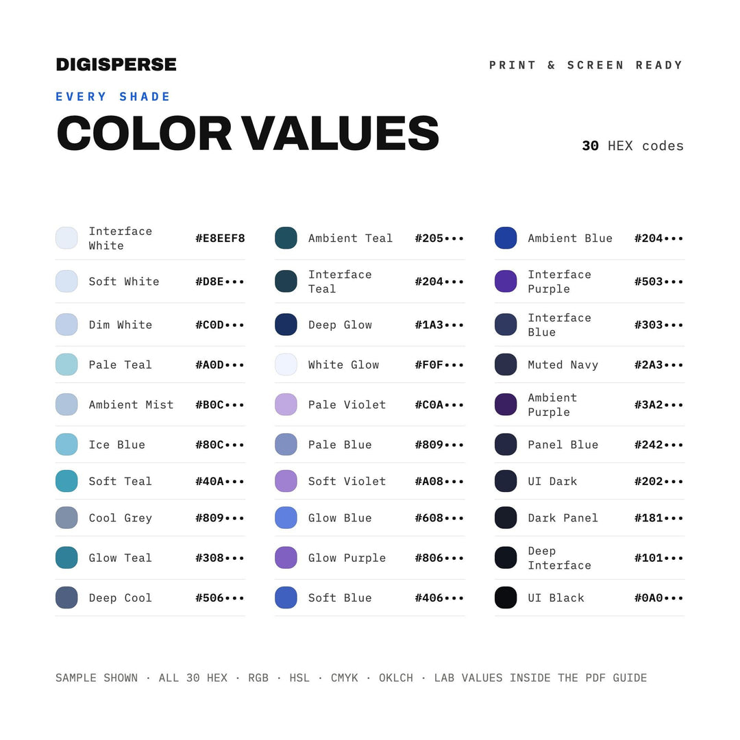 Calm Tech Color Palette for UI UX Design and Modern App Branding, 30 Ambient Interface Hues, Procreate Swatches, Hex Codes