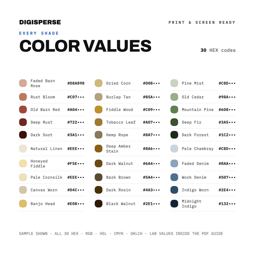 American Folk Revival Color Palette | 30 Warm Rustic Tones (Digital Download) color palette — preview image 3 of 20