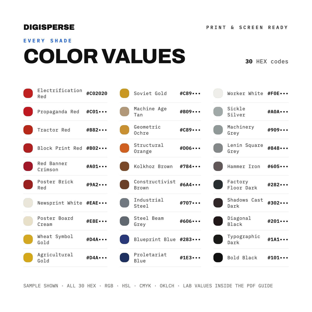 Soviet Constructivist Color Palette | 30 Colors | Hex RGB CMYK | Procreate Swatches + ASE | Digital Download color palette —
