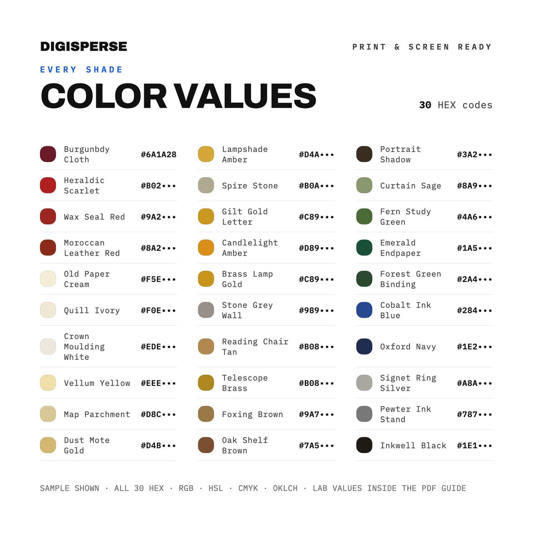 Oxford Library Study Color Palette | 30 Colors | Hex RGB CMYK | Procreate Swatches + ASE | Digital Download color palette —