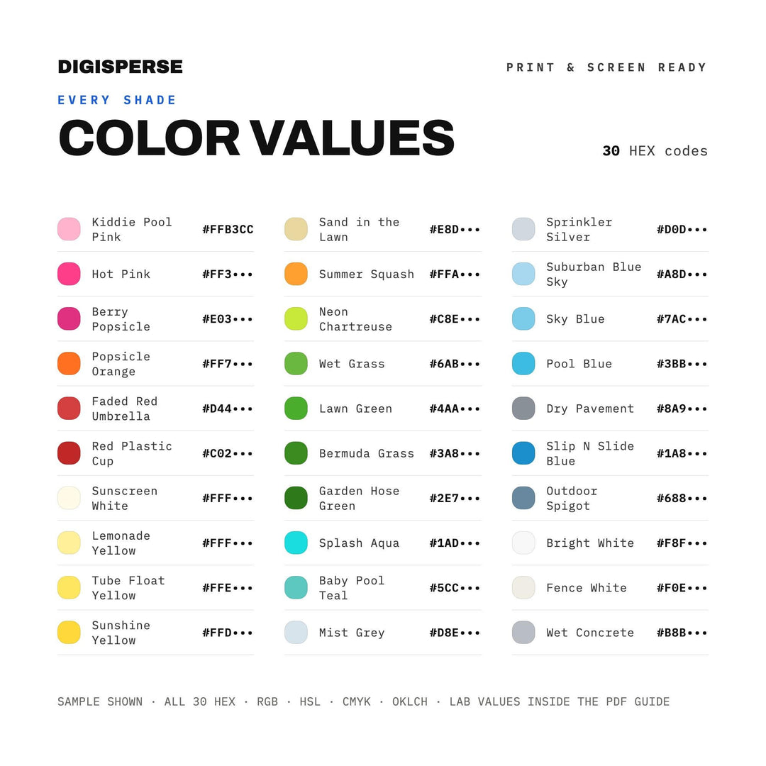 Bright Summer Color Palette for Nostalgic Childhood Art and Playful Branding, 30 Sprinkler Splash Hues, Procreate Swatches