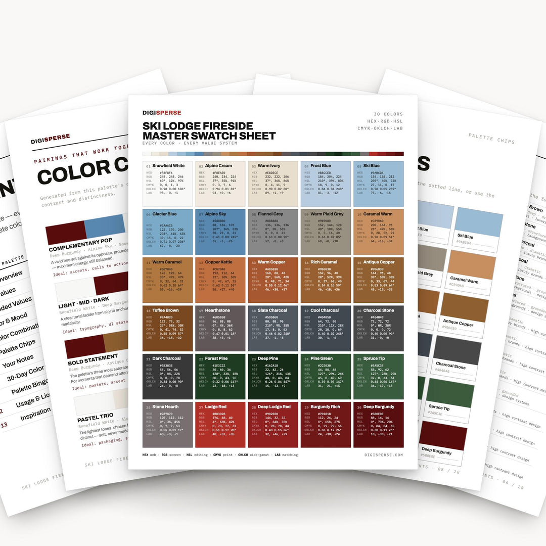 Warm Rustic Color Palette for Cozy Winter Cabin Art and Alpine Branding, 30 Fireside Ember Hues, Procreate Swatches color