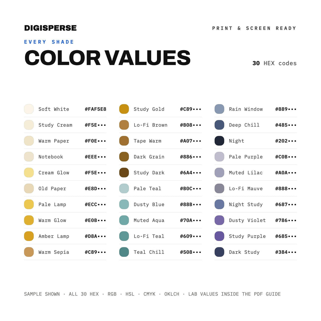 Lo-Fi Hip Hop Color Palette | 30 Colors, Hex, RGB, CMYK (Digital Download) color palette — preview image 3 of 20