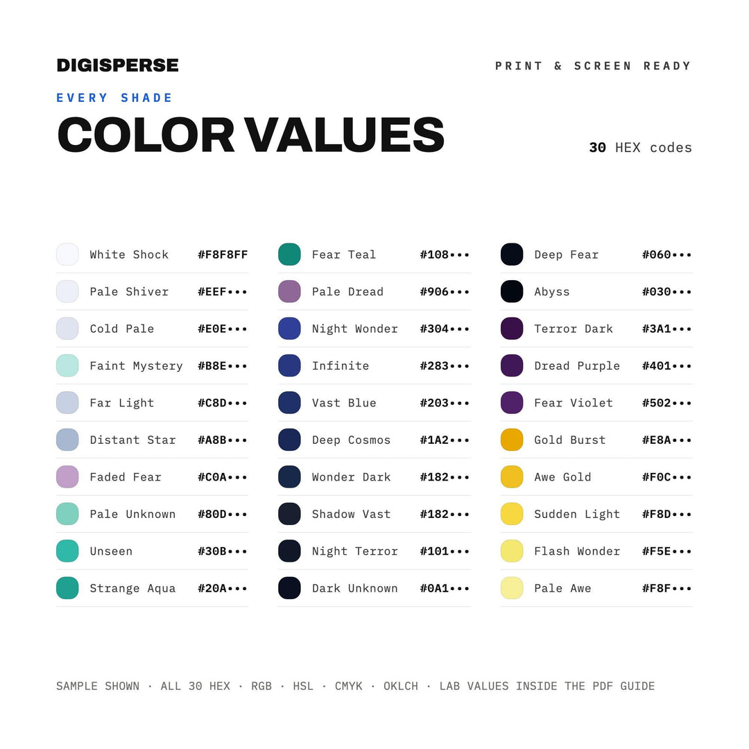 Moody Cinematic Color Palette for Fantasy Film Art and Dramatic Branding, 30 Awe Struck Hues, Procreate Swatches color