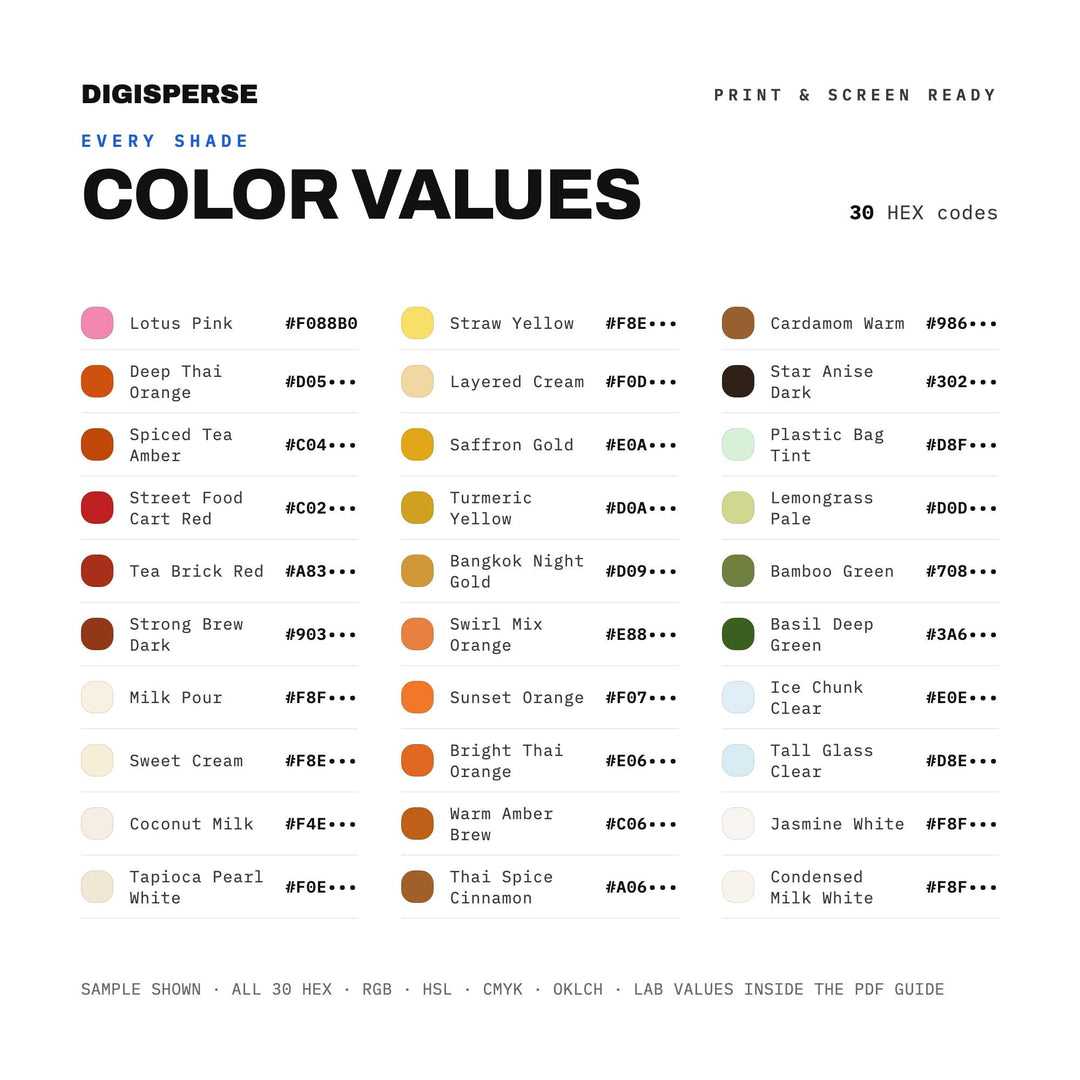 Thai Iced Tea Color Palette | 30 Colors | Hex RGB CMYK | Procreate Swatches + ASE | Digital Download color palette — preview