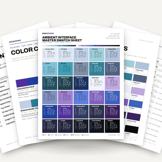 Calm Tech Color Palette for UI UX Design and Modern App Branding, 30 Ambient Interface Hues, Procreate Swatches, Hex Codes