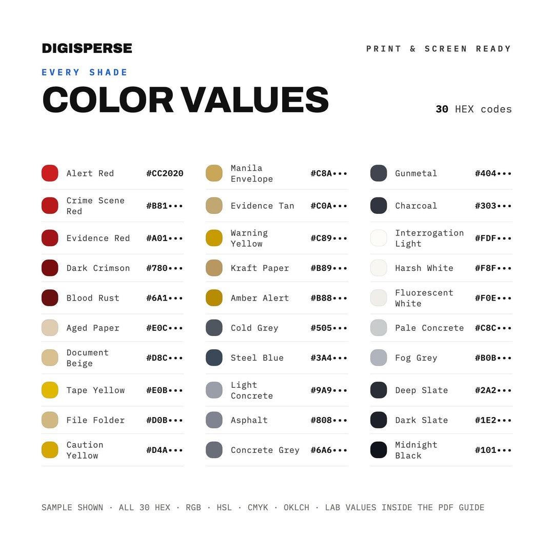 Dark Moody Color Palette for Noir Podcast Art and Mystery Branding, 30 Investigation Case Hues, Procreate Swatches, Hex