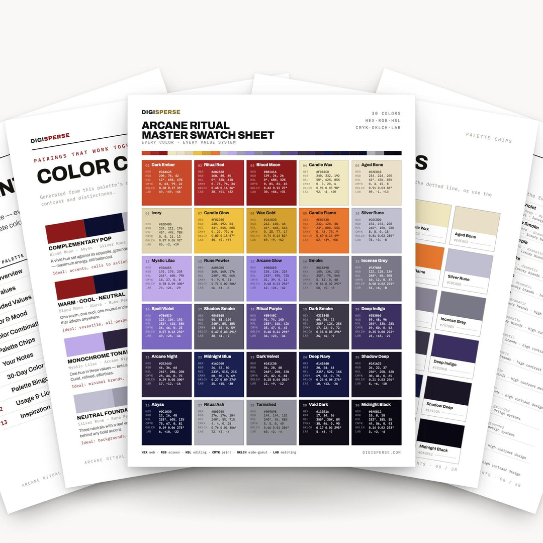 Witchy Purple Gold Color Palette for Gothic Branding and Dark Fantasy Art, 30 Arcane Jewel Tone Hues with Hex Codes