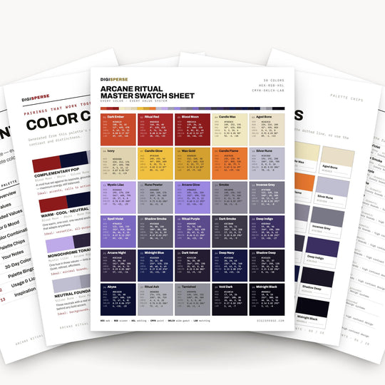 Witchy Purple Gold Color Palette for Gothic Branding and Dark Fantasy Art, 30 Arcane Jewel Tone Hues with Hex Codes