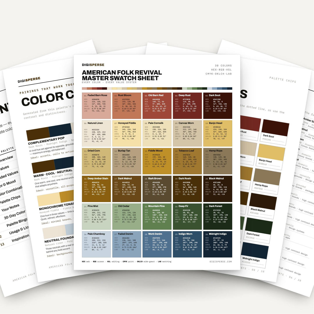 American Folk Revival Color Palette | 30 Warm Rustic Tones (Digital Download) color palette — main preview