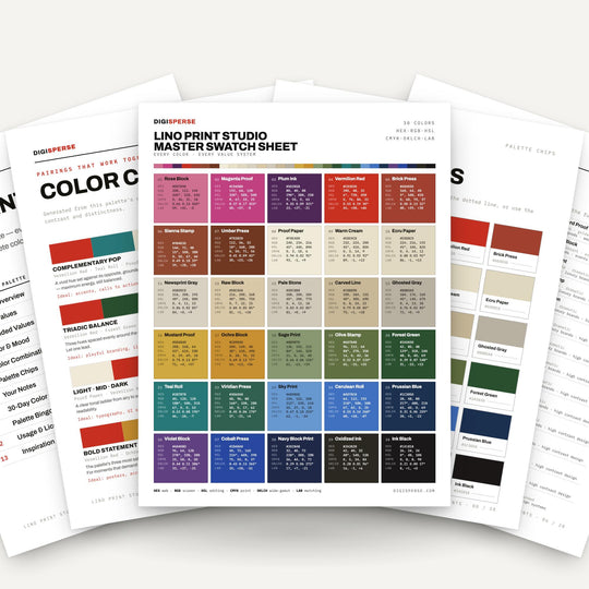 Bold Ink Color Palette for Linocut Block Print Art and Craft Studio Branding, 30 Hand Carved Hues, Procreate Swatches color
