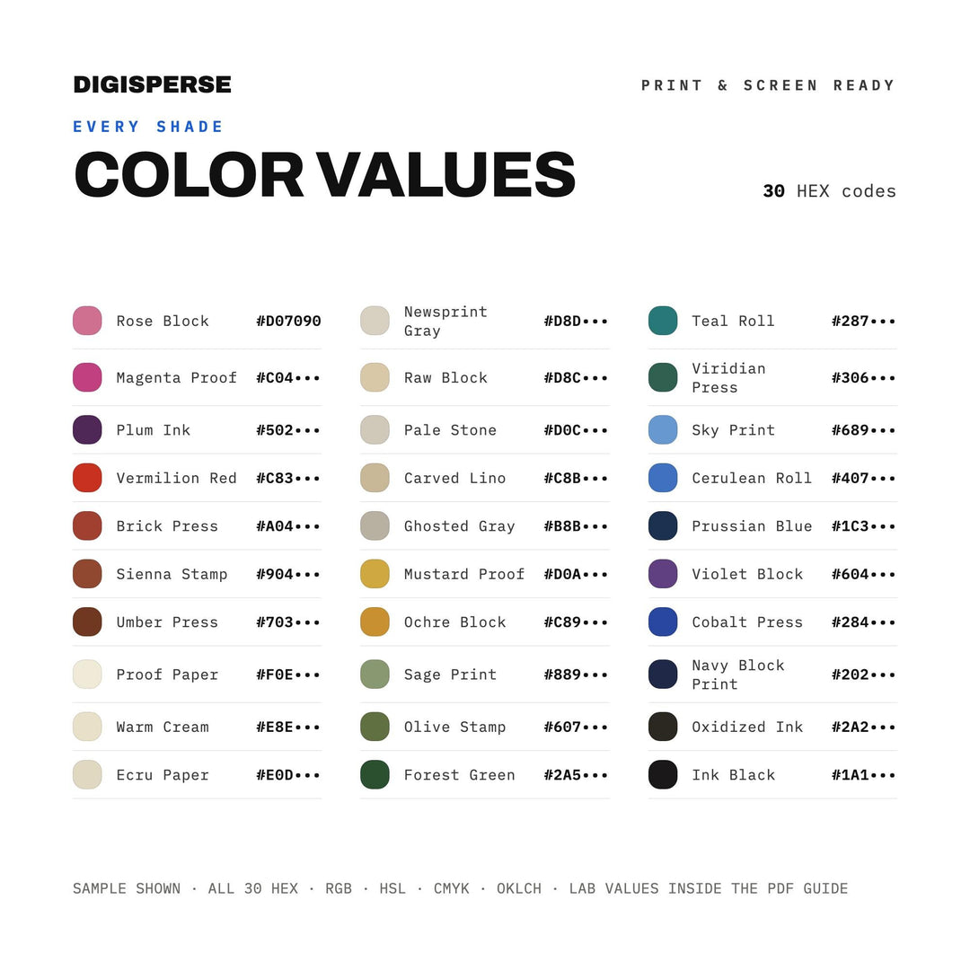 Bold Ink Color Palette for Linocut Block Print Art and Craft Studio Branding, 30 Hand Carved Hues, Procreate Swatches color