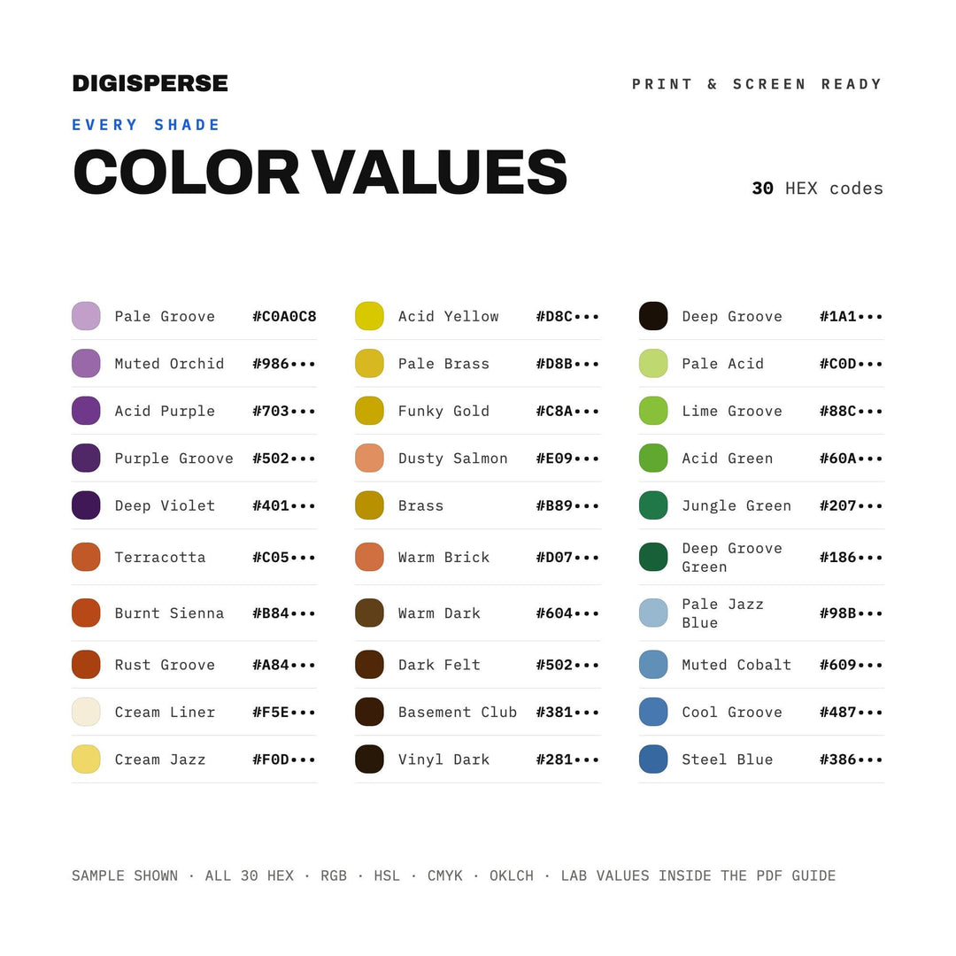Retro Funk Color Palette for Groovy Poster Art and Music Branding, 30 Vibrant 70s Inspired Hues with Hex Codes, Procreate