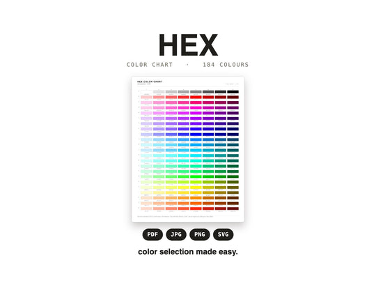 HEX Color Chart — 184 swatch printable hex reference, PDF JPG PNG SVG