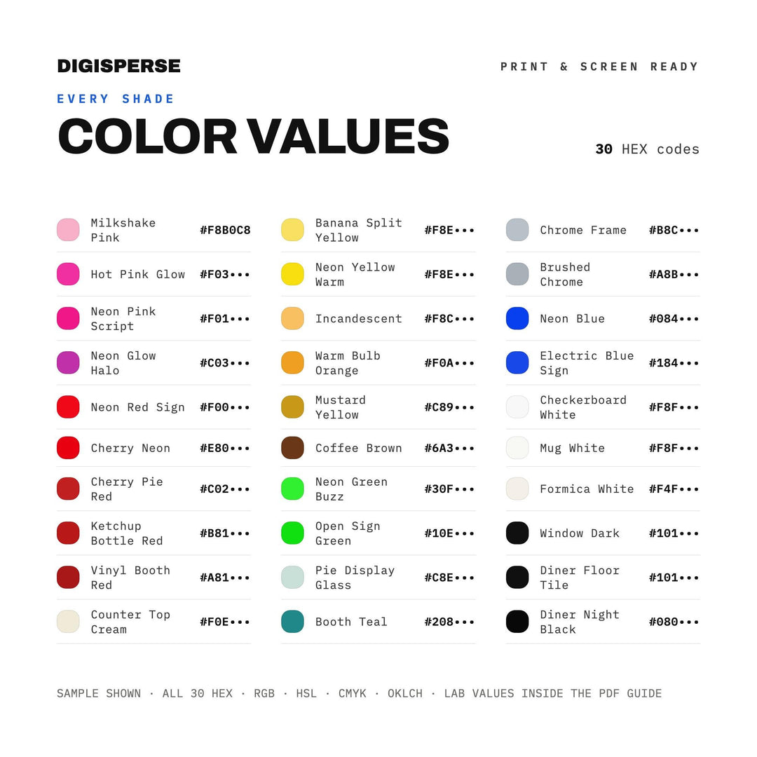Neon Sign Diner Color Palette | 30 Colors | Hex RGB CMYK | Procreate Swatches + ASE | Digital Download color palette —