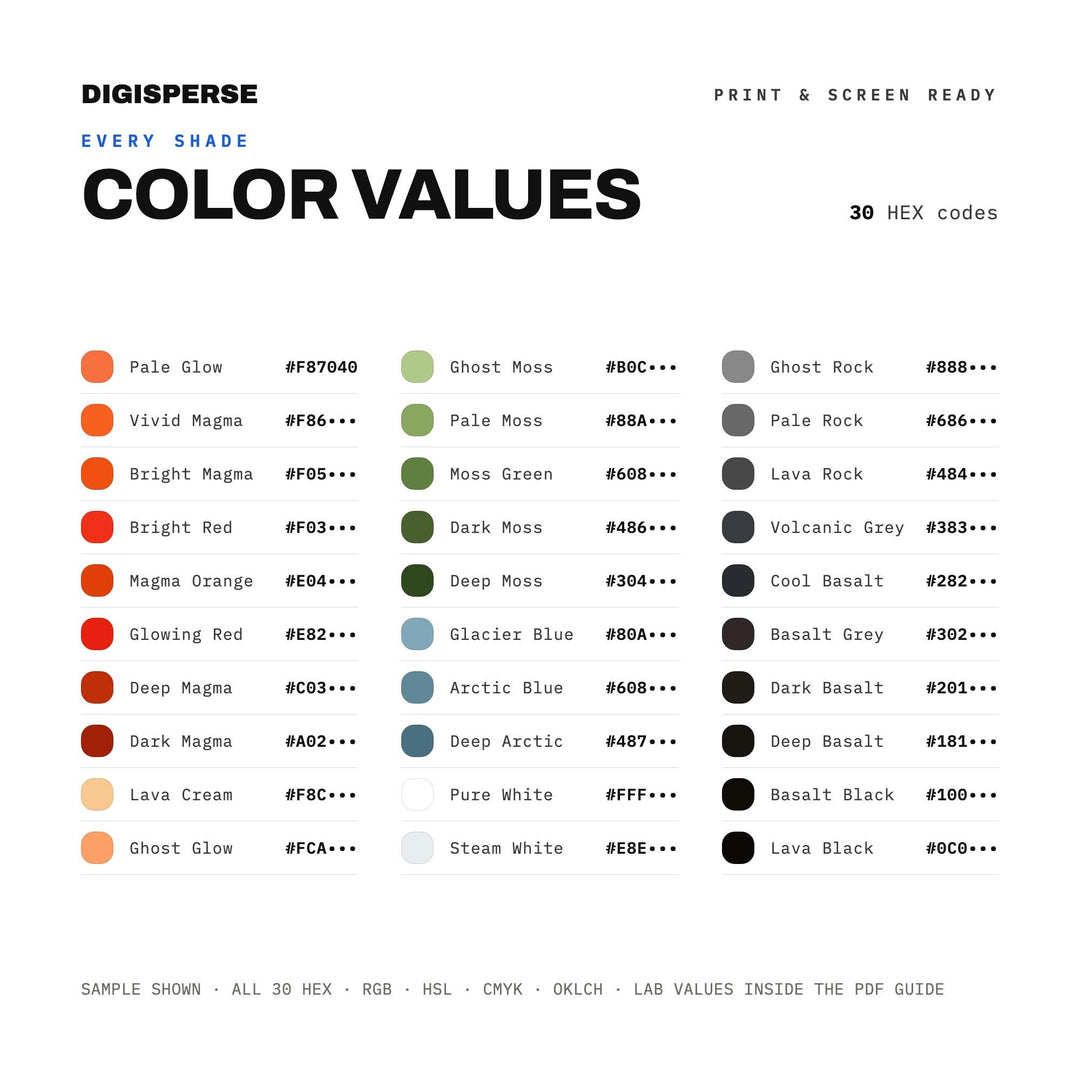 Icelandic Lava Color Palette | 30 Procreate Swatches, ASE, PDF Guide (Digital Download) color palette — preview image 3 of 20
