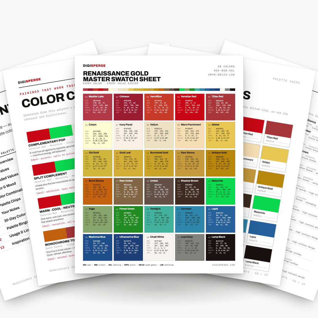 Renaissance Gold Color Palette | 30 Procreate Swatches, HEX, RGB, CMYK (Digital Download) color palette — main preview