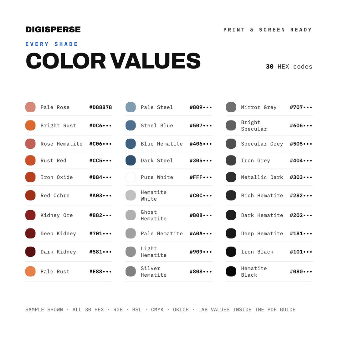 Metallic Grey Color Palette for Industrial Mineral Art and Sleek Branding, 30 Hematite Iron Hues, Procreate Swatches, Hex