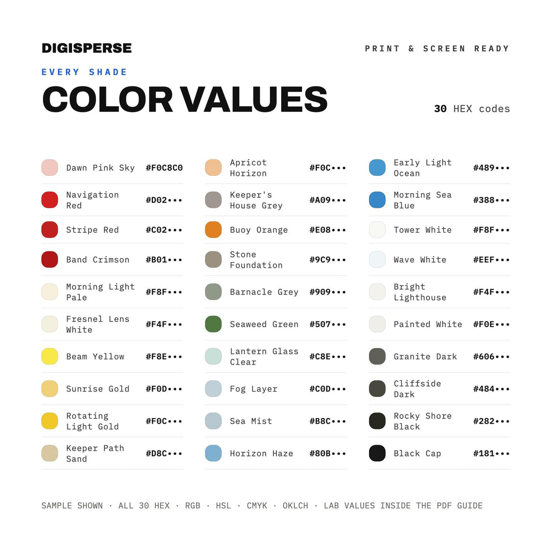 Lighthouse Morning Color Palette | 30 Colors | Hex RGB CMYK | Procreate Swatches + ASE | Digital Download color palette —