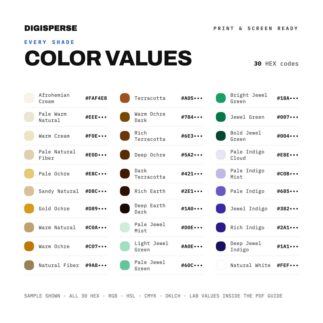 Rich Earthy Color Palette for Boho African Art and Eclectic Home Branding, 30 Afrohemian Hues, Procreate Swatches color
