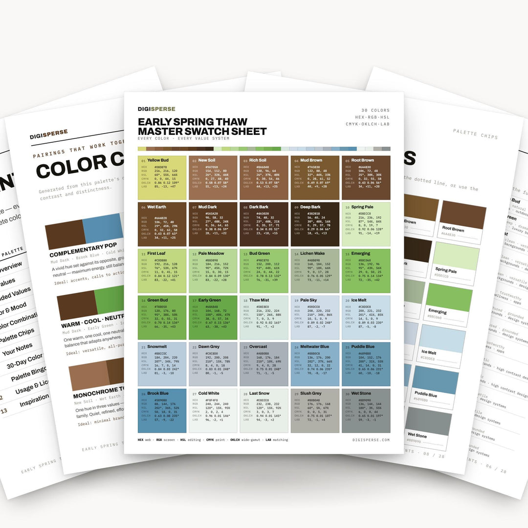 Soft Melt Color Palette for Fresh Spring Art and Seasonal Nature Branding, 30 Early Thaw Pastel Hues, Procreate Swatches