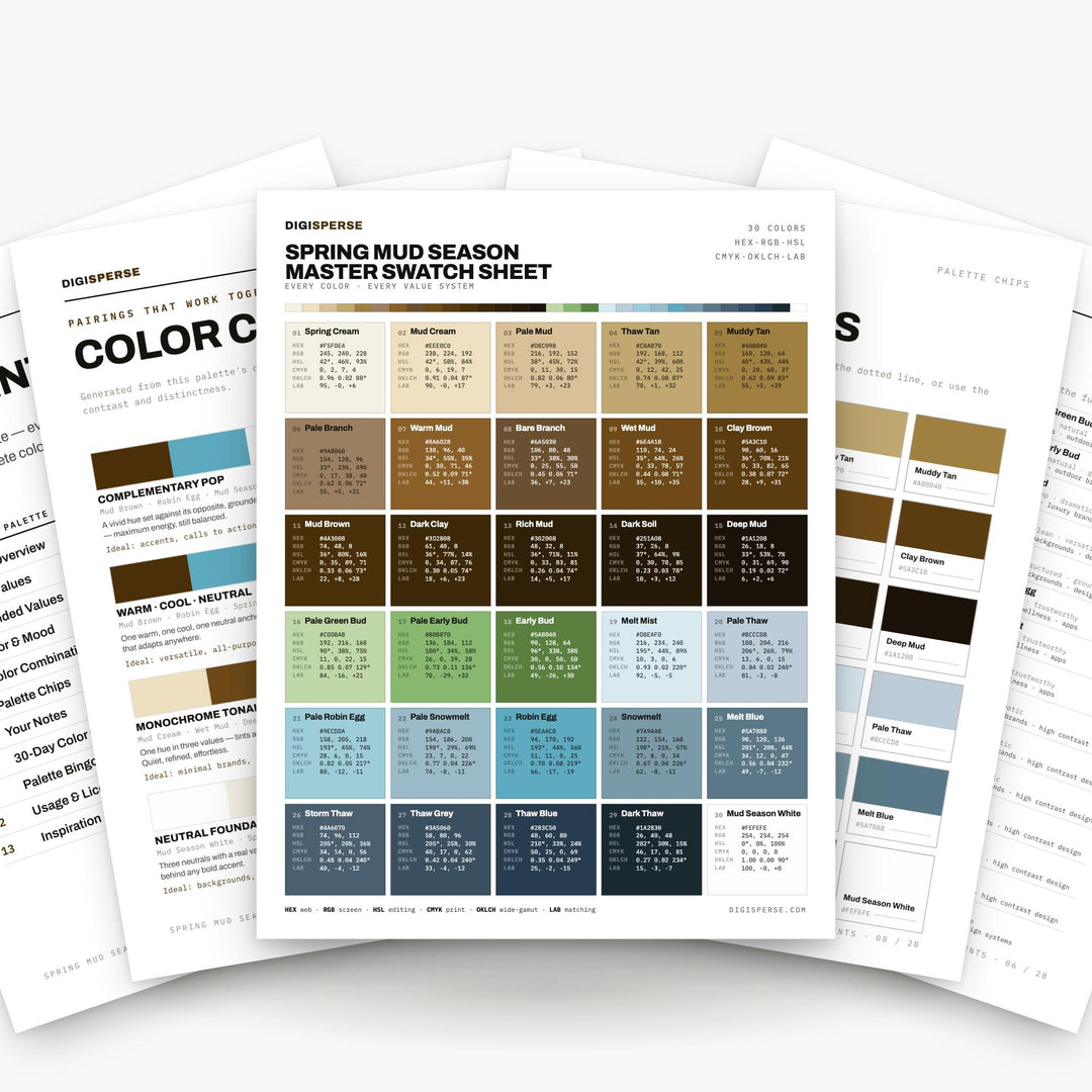 Earthy Muted Color Palette for Rustic Spring Art and Farmhouse Branding, 30 Mud Season Hues, Procreate Swatches color