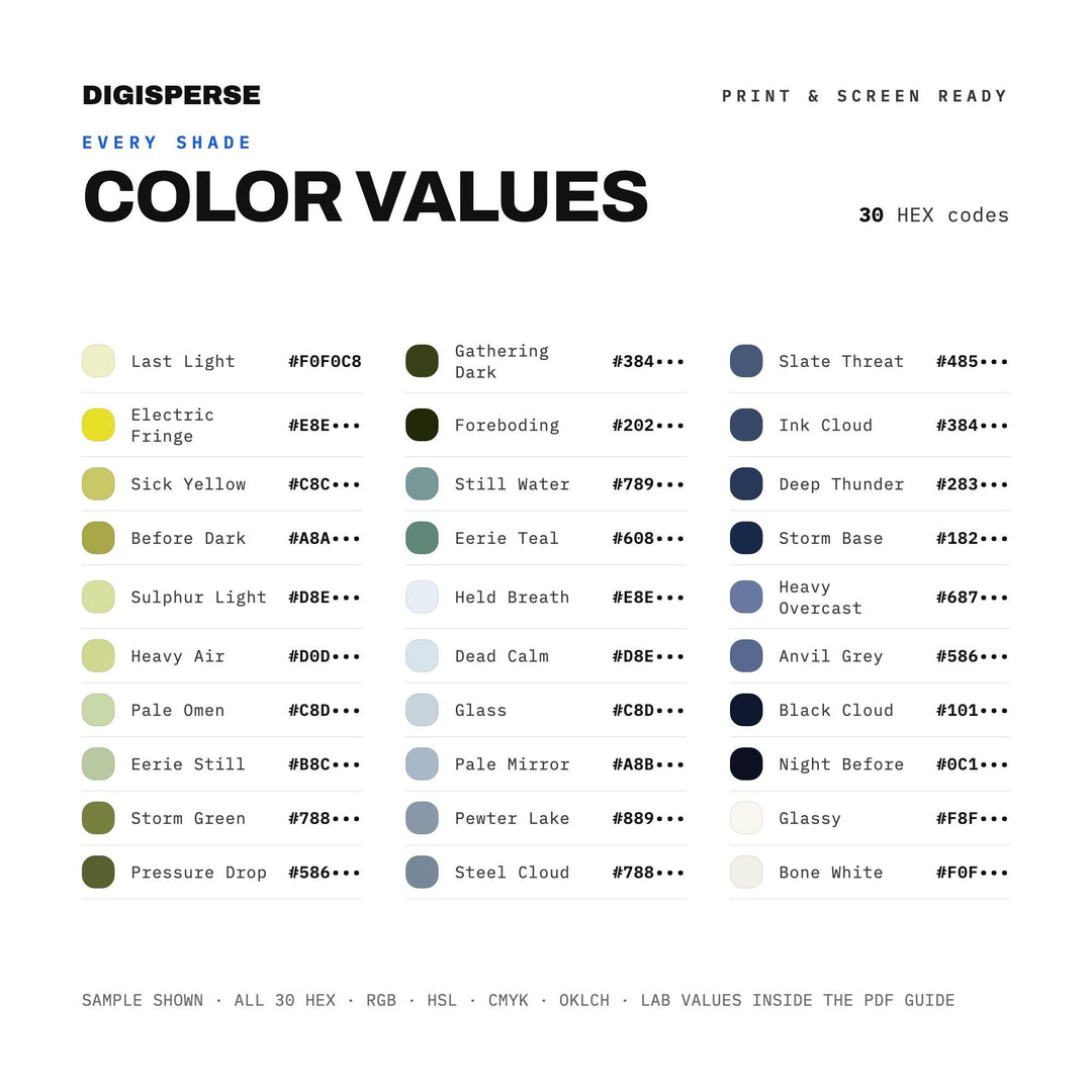 Moody Grey Color Palette for Dramatic Sky Art and Atmospheric Branding, 30 Calm Before Storm Hues, Procreate Swatches, Hex