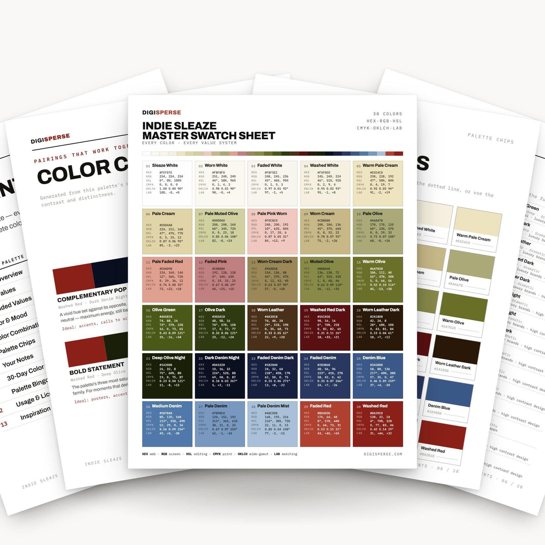 Gritty Flash Color Palette for 2000s Party Art and Grunge Aesthetic Branding, 30 Indie Sleaze Hues, Procreate Swatches color