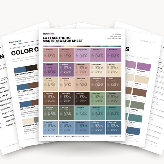 Lo-Fi Aesthetic Color Palette | 30 Colors | Hex RGB CMYK | Color Guide | Procreate Swatches + ASE | Digital Download color