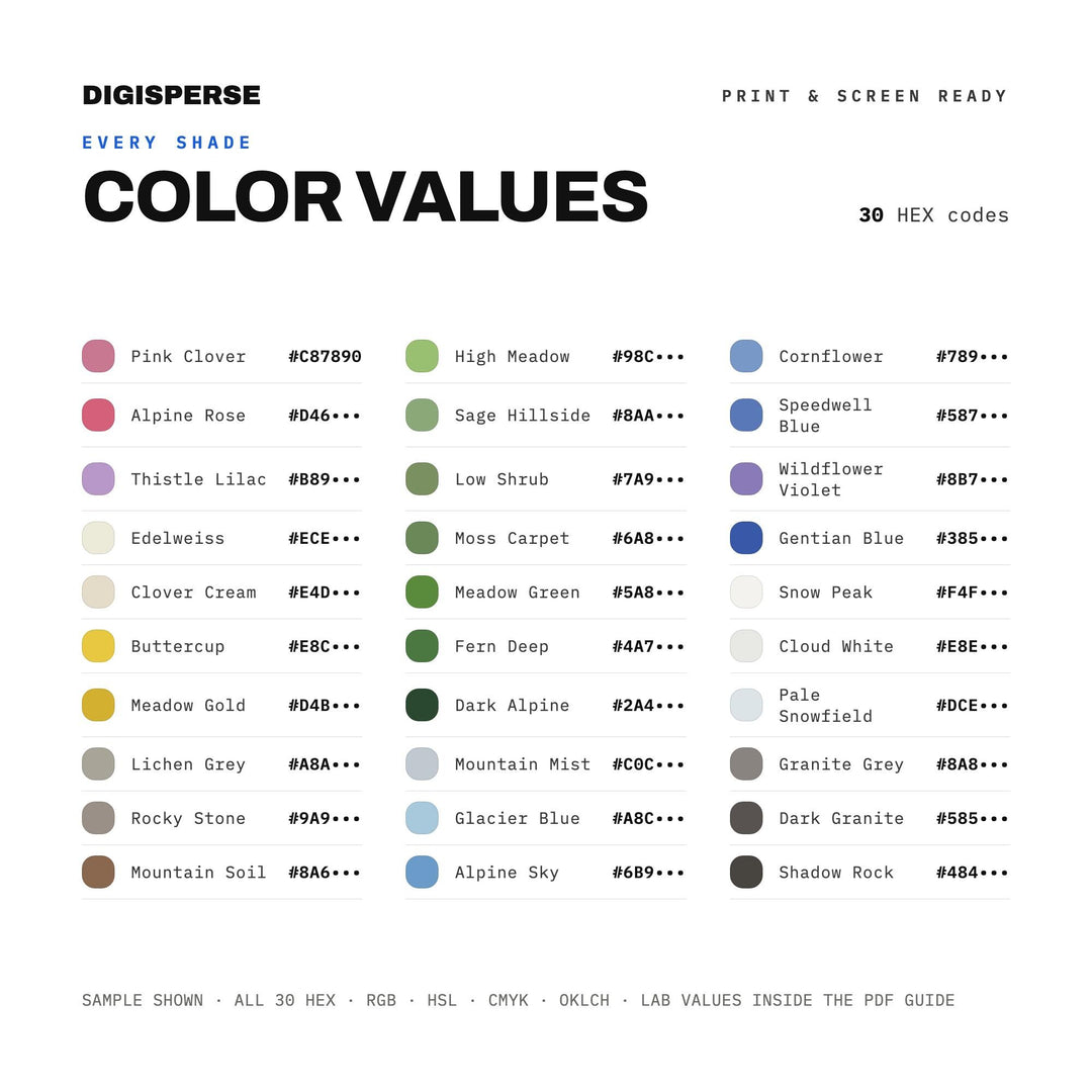 Fresh Wildflower Color Palette for Mountain Nature Art and Spring Branding, 30 Alpine Meadow Green Hues, Procreate Swatches