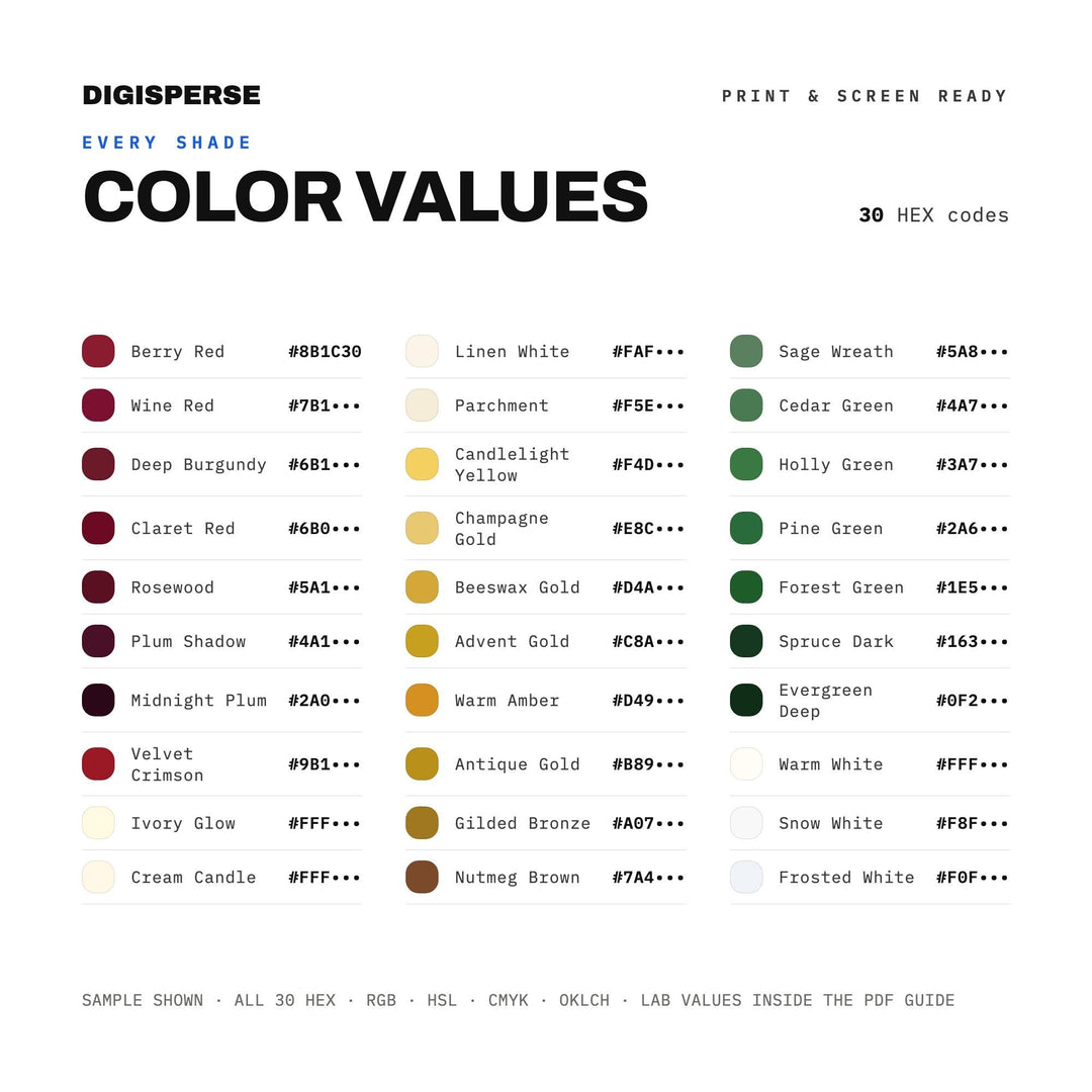 Advent Calendar Color Palette | 30 Colors | Hex RGB CMYK | Procreate Swatches + ASE | Digital Download color palette —