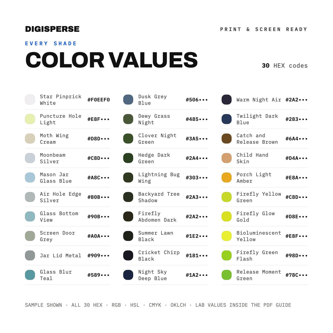 Jar of Fireflies Color Palette | 30 Procreate Swatches, HEX, RGB, CMYK (Digital Download) color palette — preview image 3 of
