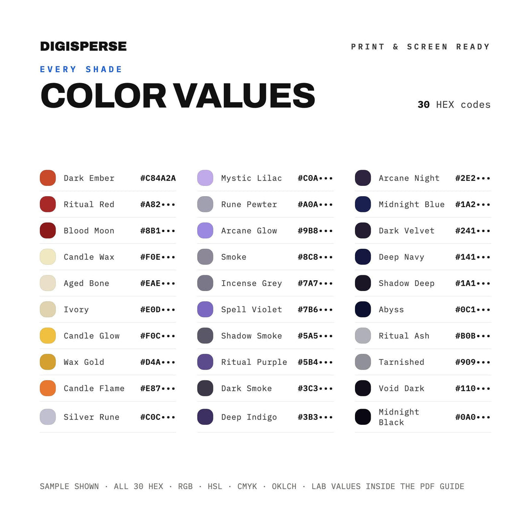 Witchy Purple Gold Color Palette for Gothic Branding and Dark Fantasy Art, 30 Arcane Jewel Tone Hues with Hex Codes