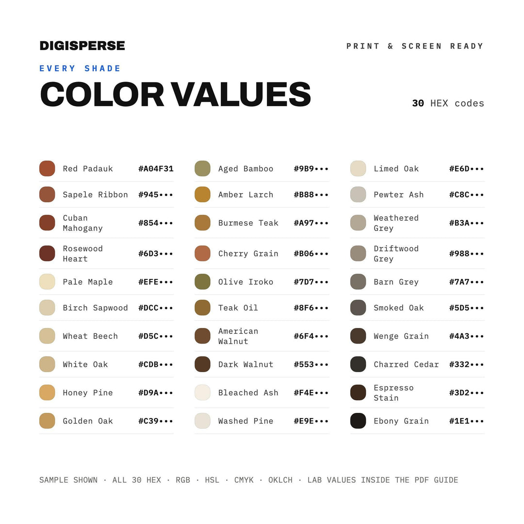 Interior Color Palette | 30 Walnut Oak Wood Tones | Procreate Swatches Hex RGB CMYK color palette — preview image 3 of 20